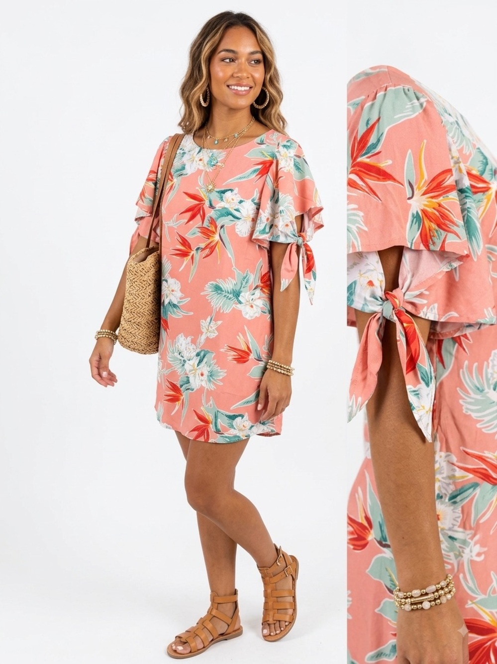 Umgee Coral Floral Mini Dress with Tropical Print NWT